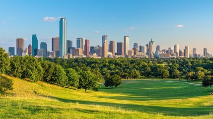 Dallas Skyline: A Panoramic View of Urban Landscape and Lush Green Park