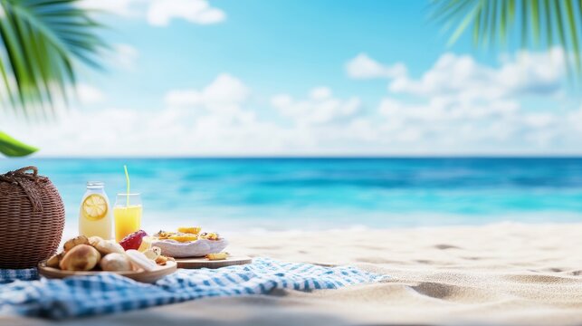 Beach Picnic Bliss: Sandy Shores and Summer Treats - A tranquil beach picnic scene. Symbolizing relaxation, summer fun, friendship, delicious food, and escape