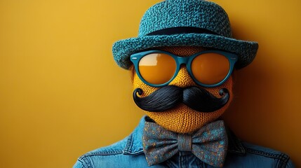 Fototapeta premium April Fool's pranks funny glasses, fake mustache, bow tie, and hat on yellow canvas.
