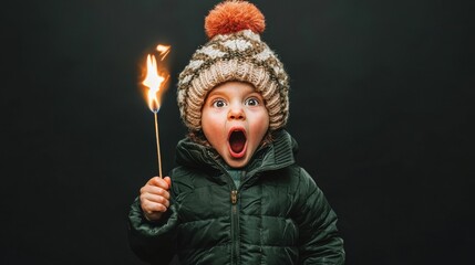 A child in winter clothing holding a lit sparkler.