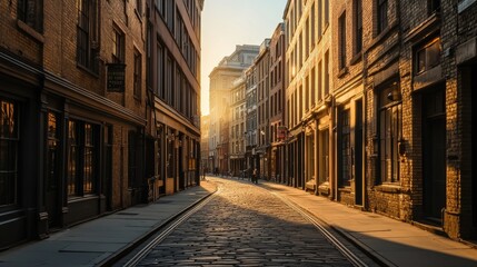 Fototapeta premium A city street at golden hour, with sunlight casting long shadows between the buildings.