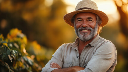 Obraz premium Wearing a straw hat, an older man beams with happiness as he stands amidst lush vines. The warm glow of sunset bathes the vineyard in serene light, celebrating a moment of peace