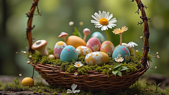 hand-painted ester eggs, moss, mushrooms, and daisies in a woven basket.