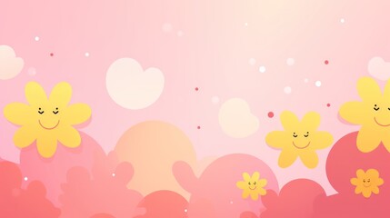 Whimsical Smiling Flowers Floating on Dreamy Clouds in Pink Background