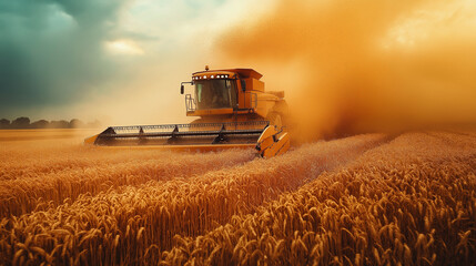 Obraz premium Under a vibrant sky at sunset, a powerful combine harvester moves through vast golden wheat fields, skillfully collecting the ripe crop while dust dances in the warm air