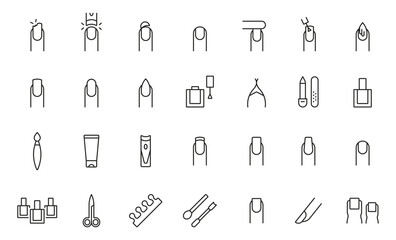 Fototapeta premium Manicure, nail icon set. Beauty salon outline icons symbols. Manicure tools icon collection. Vector icons