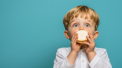 A young boy with blonde hair and blue eyes eats a cookie.
