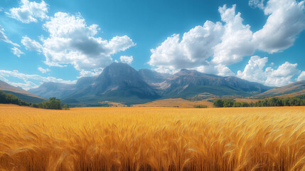 Golden wheat fields sway gently in the breeze under a clear blue sky, with magnificent mountains rising prominently in the background, creating a serene countryside vista