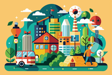 Obraz premium A vibrant city scene featuring distinctive buildings and green spaces during a sunny day, creating a lively atmosphere, Ordinary day Customizable Disproportionate Illustration