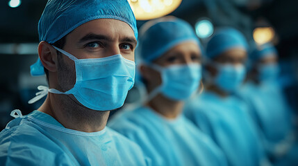 Medical professionals in surgical scrubs and masks are focused and ready in a high-tech hospital environment. They await the start of a crucial operation, showcasing teamwork