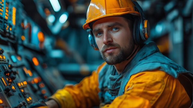 A focused technician in an orange uniform and helmet manages complex controls in a high-tech control room. The vibrant lights reflect a blend of modern industry and human skill
