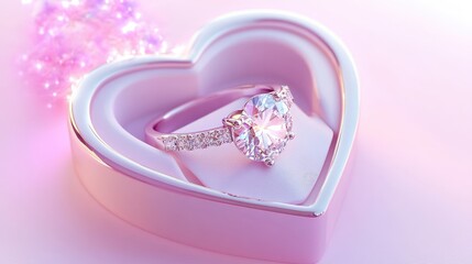 A close-up shot of a radiant diamond ring in an open heart-shaped jewelry box.