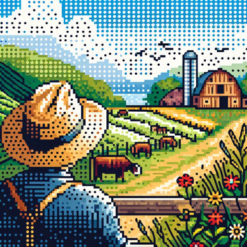 farmer and his farmland. Vibrant pixel art.