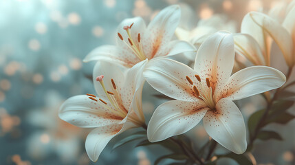 Fototapeta premium Three stunning white lilies captivate the senses in a tranquil garden, illuminated by soft, warm sunlight that enhances their delicate petals and enchanting fragrance