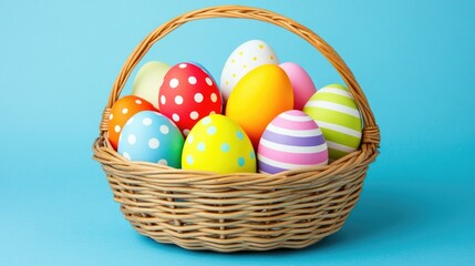 A decorative egg basket with polka-dot, striped, and solid-colored eggs on a light blue background.