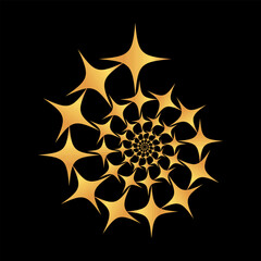 A mesmerizing abstract spiral pattern formed by radiant golden stars against a stark black background, creating an illusion of depth, movement, and celestial sparkle.