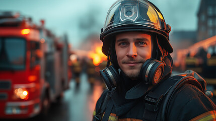 Naklejka premium Amidst smoke and glowing flames, a determined firefighter stands ready for action, showcasing courage in an urban firefighting operation during the night, surrounded by fellow heroes