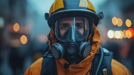 Wearing a bright orange suit and masked for safety, a dedicated responder stands in the bustling city, ready to tackle any emergency. The evening fog adds a dramatic atmosphere