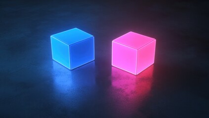 Glowing neon blue and pink cubes on dark surface.