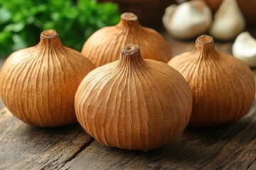 A group of onions sit atop a wooden table, perfect for food photography or still life compositions
