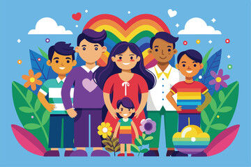 Fototapeta premium A joyful family stands together, dressed in colorful clothing, amid vibrant flowers and a rainbow backdrop, Organic flat pride day family collection