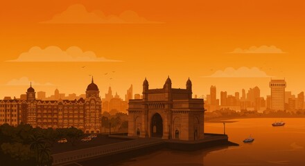 Fototapeta premium Mumbai Skyline at Sunset, Gateway of India Highlighted