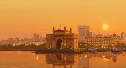 Fototapeta premium Mumbai Skyline at Sunset, Gateway of India Highlighted