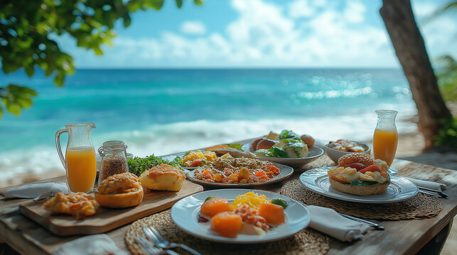 Brightly colored plates filled with fresh fruits, pastries, and savory dishes are arranged on a wooden table by the beach. The soft sound of waves enhances this idyllic tropical morning