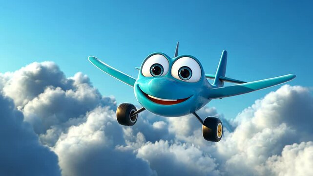 An illustration of a cute little happy cartoon blue prop airplane character