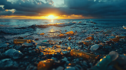 Obraz premium As the sun sets on the horizon, vibrant colors illuminate the shoreline, marred by scattered glass and plastic debris. The scene captures the stark contrast between nature's beauty and human neglect