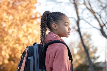 A young girl standing in front of a tree with a backpack, great for outdoor and adventure themes