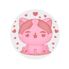 An illustration of an adorable pink cat with heart shaped eyes, radiating joy and affection.