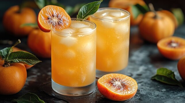 A pair of glasses filled with orange juice, ready to be enjoyed