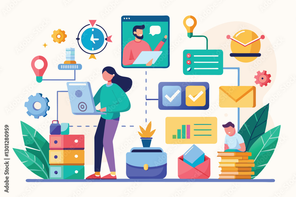Poster a person is actively managing various customizable project tasks using digital tools and resources, 
