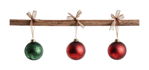 Colorful Christmas ornaments hanging on a rustic wooden branch for festive decoration ideas and holiday themed crafts, cut out