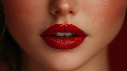 Fototapeta premium Glossy crimson lips draw attention in this close-up, revealing the art of makeup. The soft skin contrasts with the vibrant color, creating a stunning visual experience that mesmerizes