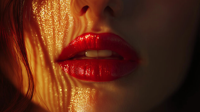 Luminous reflections dance on full, red lips as golden light accentuates the contours. The interplay of shadows creates an enchanting ambiance, offering a glimpse into exquisite beauty