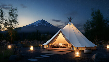 white tent with warm lights from lanterns in front of Mt.Fuji. Taken at night with stars in the sky