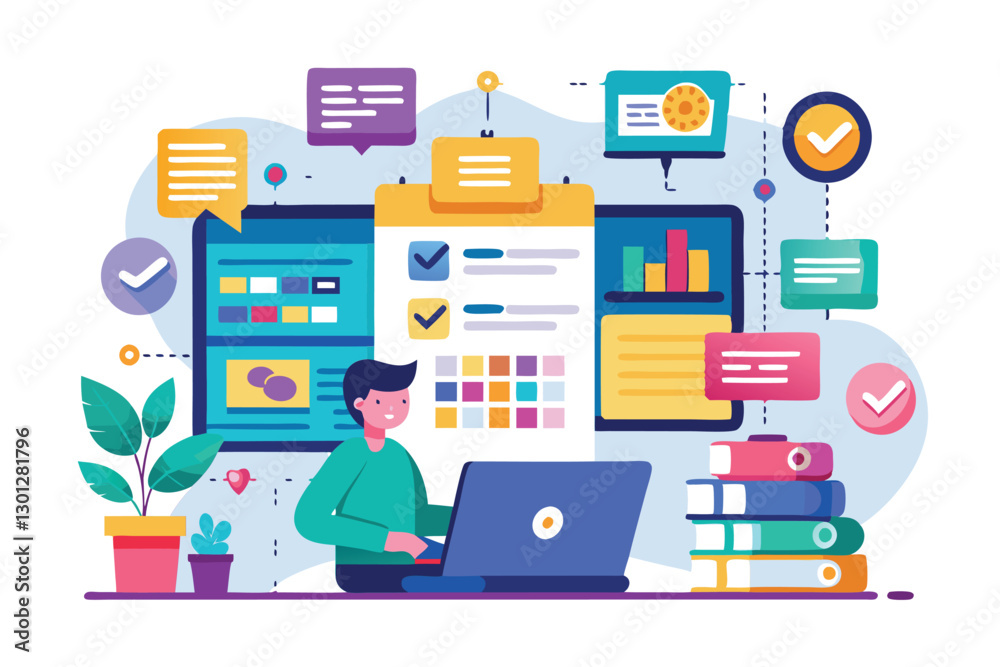 Poster a person engages in organizing projects using customizable tools and a laptop in a vibrant workspace