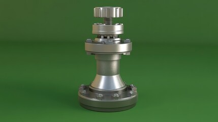 A futuristic industrial valve with sleek contours placed on a bold green background.