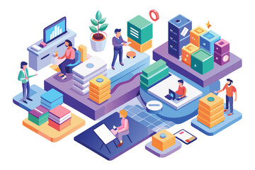 Various individuals engage in organizing projects using customizable workspace elements and tools, Organizing projects Customizable Isometric Illustration
