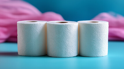 Three rolls of white paper towels sit side by side on a bright blue surface, their textured surfaces catching the light, perfect for daily use and kitchen chores, surrounded by a soft pink background