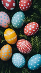 Fototapeta premium Easter Holiday, Easter Concept, Decorated Easter Eggs Nestled in Spring Green Grass Festive Holiday Background