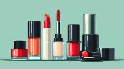 Obraz premium In a playful arrangement, vibrant lipsticks and nail polishes stand out against a soft green background, highlighting the colorful world of cosmetics and creativity