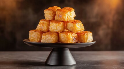 A set of golden-toasted date pastries arranged in a pyramid style on a tiered dessert stand