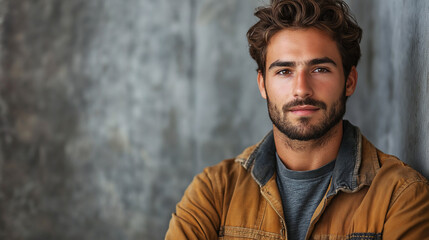 Fototapeta premium A young man leans casually against a weathered concrete wall, exuding charm and self-assurance. His tousled hair and relaxed attire highlight his effortless style
