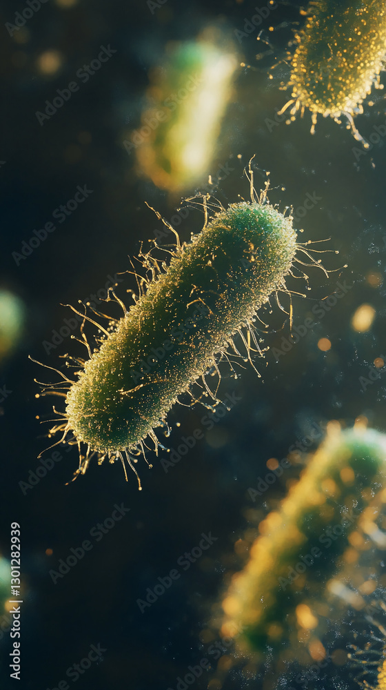 Aufkleber Close-up view of floating bacterial cells in dark environment, with glowing particles surrounding them, representing the study of infection, microbiology, and diseases.