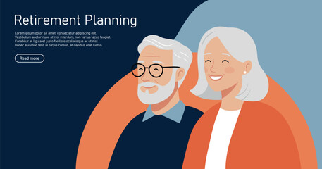Retirement planning. Vector illustration of a happy senior couple planning their retirement. This landing page design emphasizes financial security, investment, and a comfortable future.