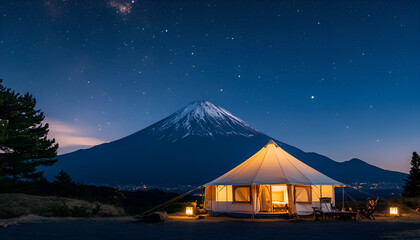white tent with warm lights from lanterns in front of Mt.Fuji. Taken at night with stars in the sky