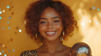 Fototapeta premium In a vibrant setting filled with shimmering lights, a young woman beams with happiness while holding a disco ball. Sparkles enhance her playful look, embodying a carefree spirit